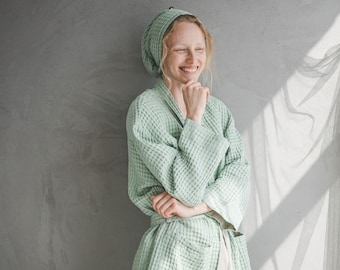 Peignoir kimono gaufré en lin robe de chambre midi en coton