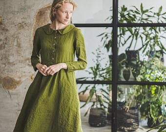 Spring Linen Dress / Long Sleeves Linen Dress / Classic Linen Dress / Collared Women Dress