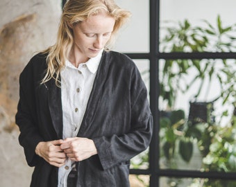 Simple Linen Black Jacket, Relax Fit Linen Cardigan Jacket, Boho Linen Jacket, Wrap Linen Coat Cardigan, Office Outfit