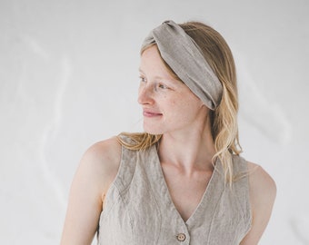 Knotted Linen Headband, Twist Knot Flax Headband, Wide Beach Turban, Linen Stretchy Headband