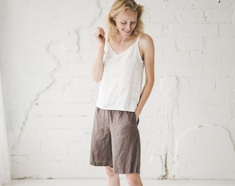 READY TO SHIP Linen Shorts Mid Waist / Bermuda Women Shorts / Culottes Summer Linen Shorts / Classic Women Shorts