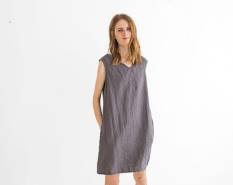 READY TO SHIP Classic Short Linen Dress, Linen Tunic Dress, Sleeveless Summer Dress