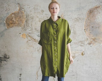 Spring Summer Linen Shirt Moss Green, Kimono Sleeves Linen Shirts, Retro Style Women Shirts