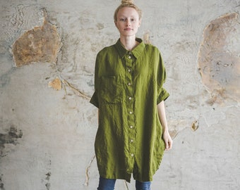 Linen Oversized Shirt Moss Green, Kimono Sleeves Linen Shirts, Summer Women Shirts