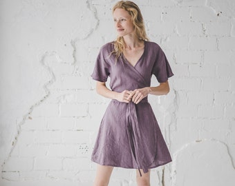 Wrap Linen Dress, Wide Linen Skirt Dress, Women Mini Summer Linen Dress, Bridesmaids Linen Dress