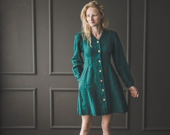 Emerald Green Linen Dress: V-Neck 3/4 Puffy Sleeve Button Down