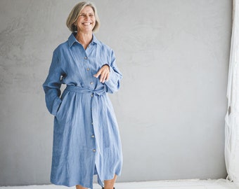 Linen Midi Shirt Dress: Loose Fit Button-Down Boho Style