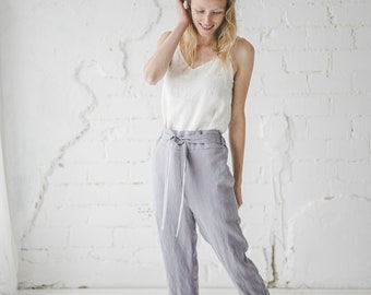 Slim Ankle Linen Trousers, Linen Pants High Waisted, Women Pants with Belt, Tapered Linen Pants