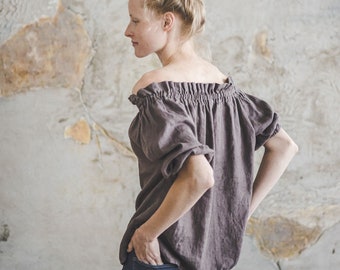 Linen Blouse Off the Shoulder, Peasant Summer Linen Top, Boho Style Women Blouse, Linen Mexican Crop Top