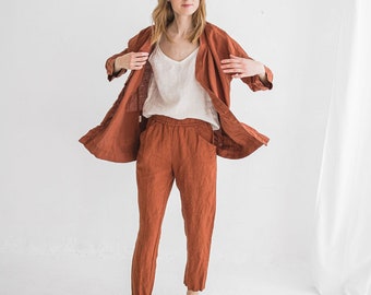 Relaxed Fit Linen Pants: Tapered Leg, Elastic Waist