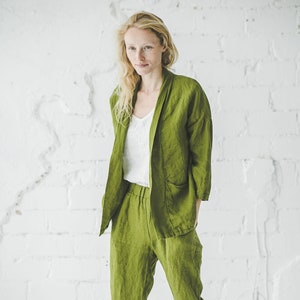 Flax Linen Jacket Moss Green, Loose Linen Jacket For Women, Minimalist Linen Cardigan