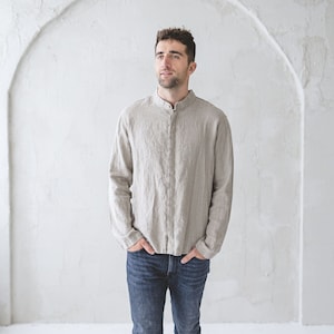 Linen Men&#39;s Shirt With Hidden Buttons / Long Sleeves Linen Shirt / Linen Clothing For Men
