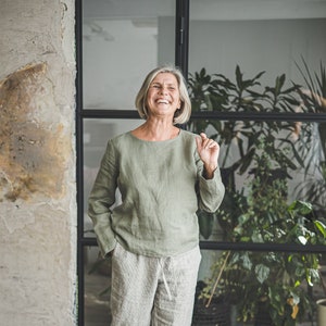 Women Linen Blouse, Flax Linen Fitted Top