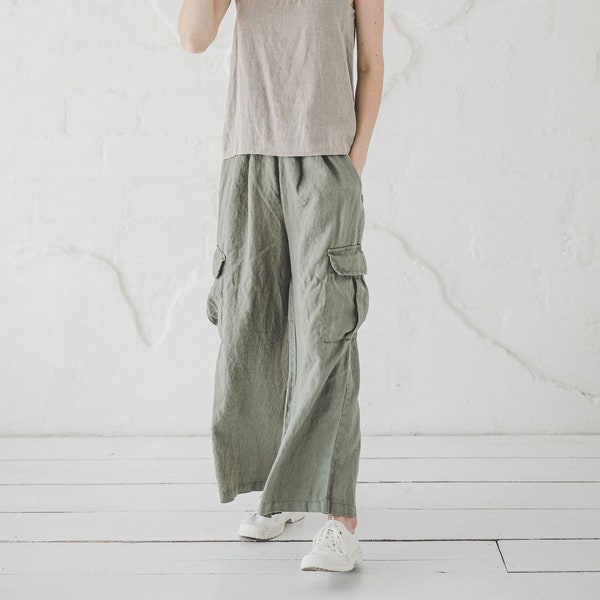 Cargo Loose Linen Pants, Pocket Straight High Waist Linen Pants, Linen Jogger Pants