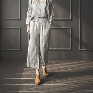 Linen Pants Wide Leg / Loose Linen Pants / Elastic Waist Flax Linen Trousers with Side Pockets