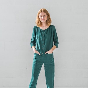 Lässiger Leinen Jumpsuit / Loser Leinen Overall / Frauen Weicher Romper