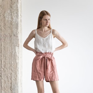 Hoch taillierte Leinen Shorts / Bermuda Frauen Shorts mit Gürtel / Lockere Sommer Leinen Shorts