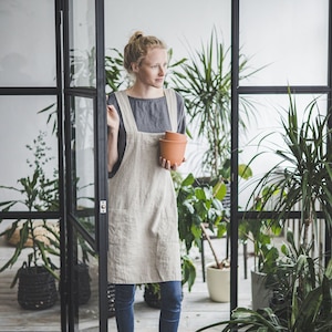 Linen Apron Cross Back With Pockets / Pinafore Heavy Linen Apron / Japanese Style Flax Linen Apron / Gardening Heavy Linen Apron