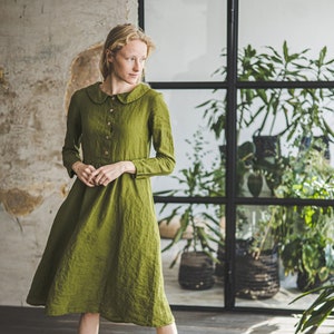 Spring Linen Dress / Long Sleeves Linen Dress / Classic Linen Dress / Collared Women Dress /  Linen Retro Green Dress