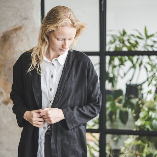 Simple Linen Black Jacket, Relax Fit Linen Cardigan Jacket, Boho Linen Jacket, Wrap Linen Coat Cardigan, Office Outfit