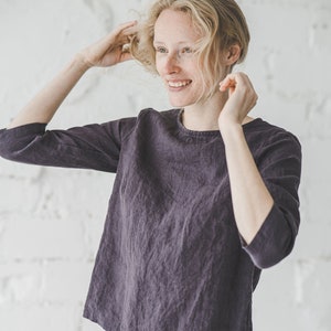 Classic Linen Blouse, Women Linen Top 3/4 Sleeves / Round Neck Linen Top / Office Linen Blouse image 1