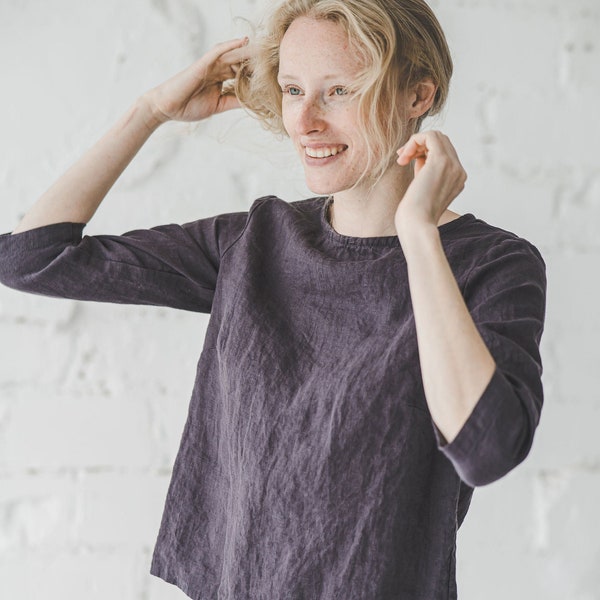 Classic Linen Blouse, Women Linen Top 3/4 Sleeves / Round Neck Linen Top / Office Linen Blouse