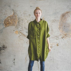 Linen Oversized Shirt Moss Green, Kimono Sleeves Linen Shirts, Summer Women Shirts