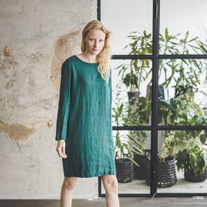 Emerald Green Linen Tunic Dress, Classic Linen Dress