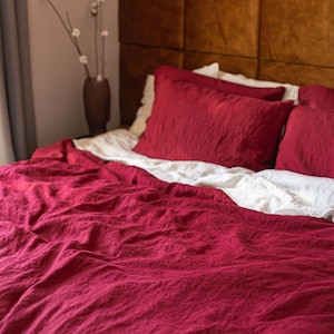 Linen Bed Set, Ruby Red Boho Bedding, Duvet Cover Queen, Linen Bedding, Duvet Cover with Pillowcases image 1