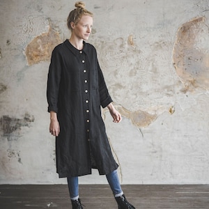 Heavy Linen Shirt Dress / Linen Dress for Women Buttons Down / Long Sleeves Woman Tunic