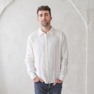 Long Sleeve Ivory Classic Linen Men's Shirt With Hidden - Etsy