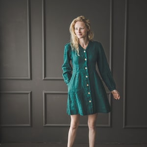 READY TO SHIP Linen V-Neck Dress Long Puffy Sleeve / Emerald Green Linen Dress Buttons Down / Women Festive Linen Dress