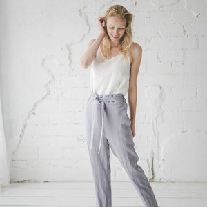 Slim Ankle Linen Trousers, Linen Pants High Waisted, Women Pants with Belt, Tapered Linen Pants