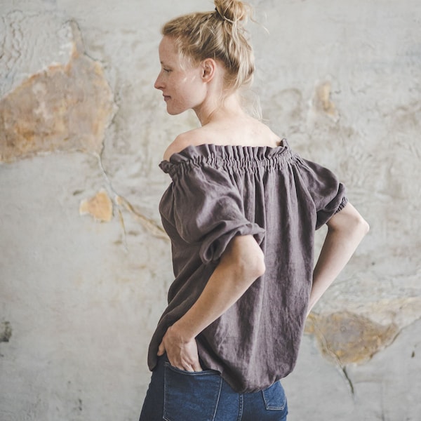 Linen Blouse Off the Shoulder, Peasant Summer Linen Top, Boho Style Women Blouse, Linen Mexican Crop Top