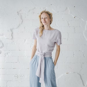 Elegant Linen Top, Kimono Women Linen Blouse, Linen Tie Waist Top