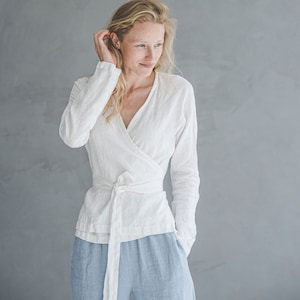 Wrap Spring Linen Blouse, Wrap Crop Top, White Long Sleeve Linen Top, Wrap Around Top