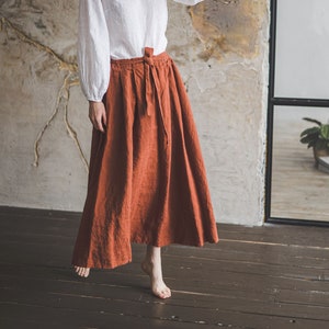 Linen Maxi Skirt 1940&#39;s with Tie Belt, A-Line High-Waisted Boho Linen Skirt, Wedding Swing Linen Skirt With Pockets, Victorian Linen Skirt