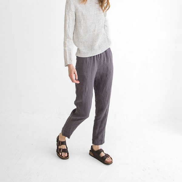 Tapered Linen Pants / Slim Mid Waist Linen Pants / Tie Up Linen Trousers / Elastic Waistband Linen Pants