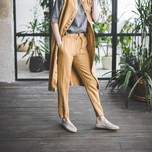 Heavy Linen Pants / Slim Woman Pants / Tapered Linen Trousers