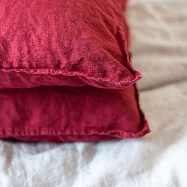 Linen Pillowcases Border Edges Ruby Red x 2 Envelope Closure, Natural Linen Pillow Covers, Oxford Style Linen Pillowcases