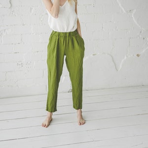 Tapered Linen Pants Green Moss / Loose Flax Linen Trousers