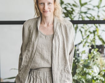 Lockere Leinen-Strickjacke: Damen Flachs-Blazer mit Taschen
