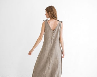 Linen Maxi Dress: Spaghetti Strap, Shoulder Tie Long Dress