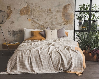 Tartan Style Linen Blanket, Linen Bedspread, Natural Sofa Blanket, Linen Throw Blanket, Handmade Bed Cover, Bedroom Decor