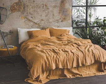 Washed Linen Bedding Set: Honey Gold Duvet Cover, Pillowcases