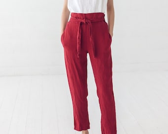 Linen Pants High Waisted, Soft Washed Linen Pants, Elastic Waist Band Linen Trousers