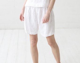 White Linen Pajama Shorts: Women's Natural Sleepwear Loungewear
