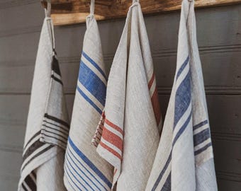 Juego de 4 paños de cocina de lino francés a rayas: tejido europeo ecológico