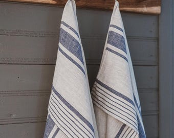 Juego de paños de cocina de lino a rayas: tela de estilo francés hecha a mano