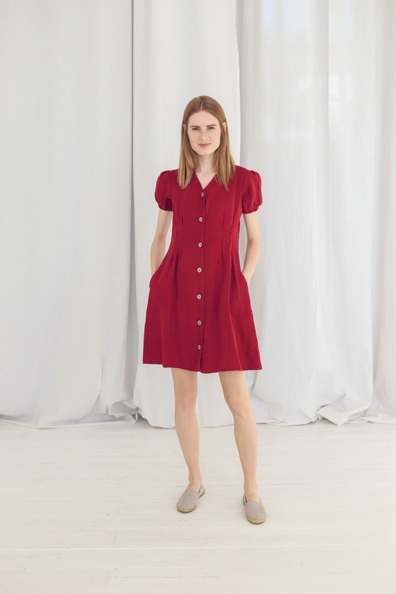 READY TO SHIP Short Linen Dress / Summer Linen Dress / Puffed Sleeves Linen Dress image 1